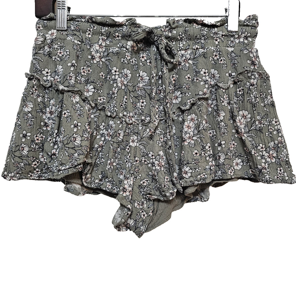 Womens Rewash Shorts M Green Floral Drawstring Swing Ruffles Boho Chic Cottage